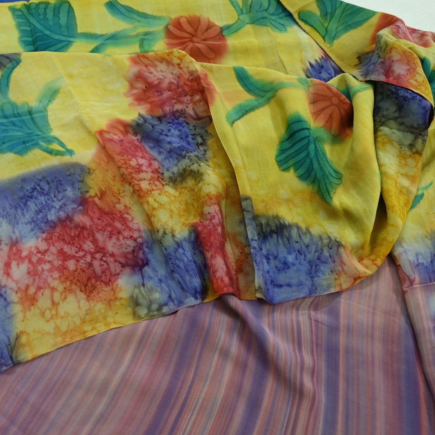 Indian Vintage Sari Yellow & Multi Pure Crepe Silk Block Printed Saree 5yd Sewing Floral Craft Fabric Wrap Dress making Crafting