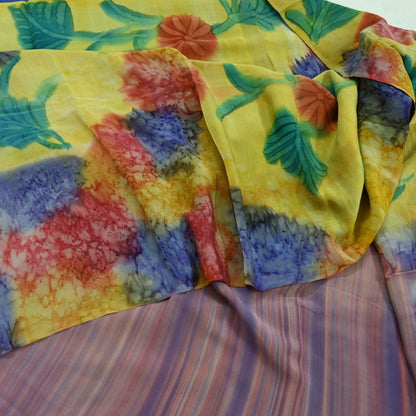Indian Vintage Sari Yellow & Multi Pure Crepe Silk Block Printed Saree 5yd Sewing Floral Craft Fabric Wrap Dress making Crafting