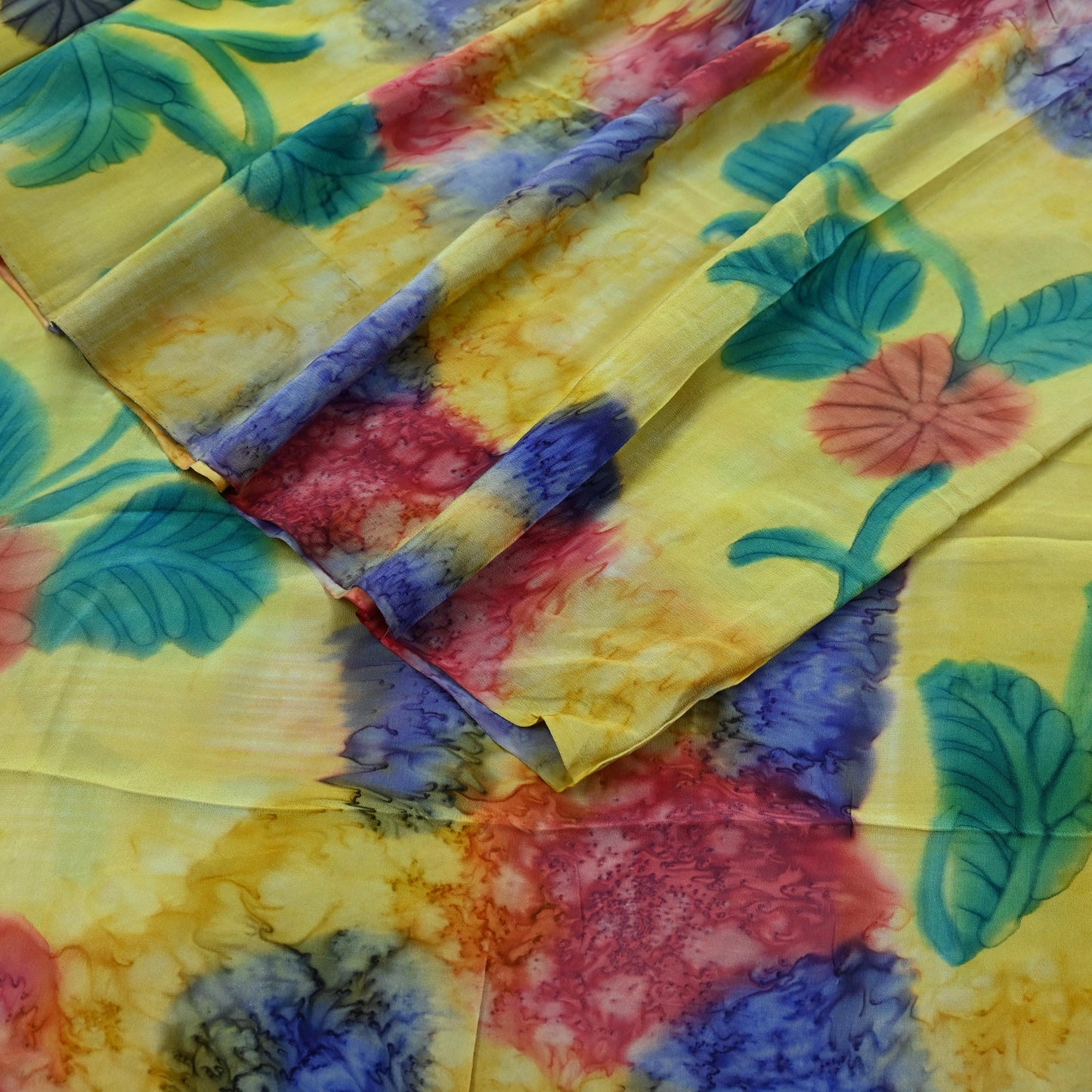 Indian Vintage Sari Yellow & Multi Pure Crepe Silk Block Printed Saree 5yd Sewing Floral Craft Fabric Wrap Dress making Crafting