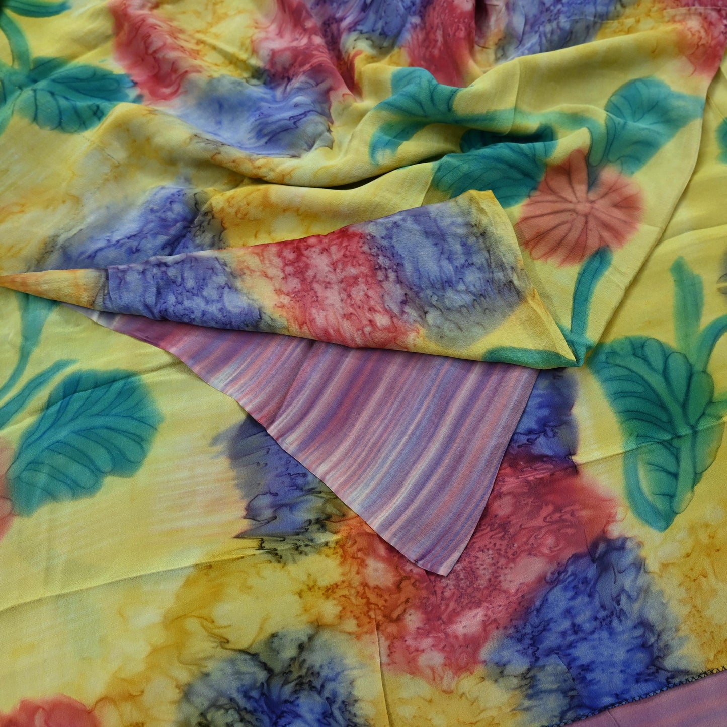 Indian Vintage Sari Yellow & Multi Pure Crepe Silk Block Printed Saree 5yd Sewing Floral Craft Fabric Wrap Dress making Crafting