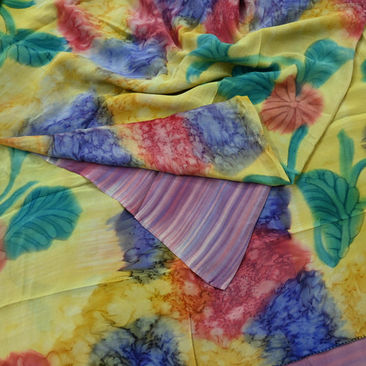 Indian Vintage Sari Yellow & Multi Pure Crepe Silk Block Printed Saree 5yd Sewing Floral Craft Fabric Wrap Dress making Crafting