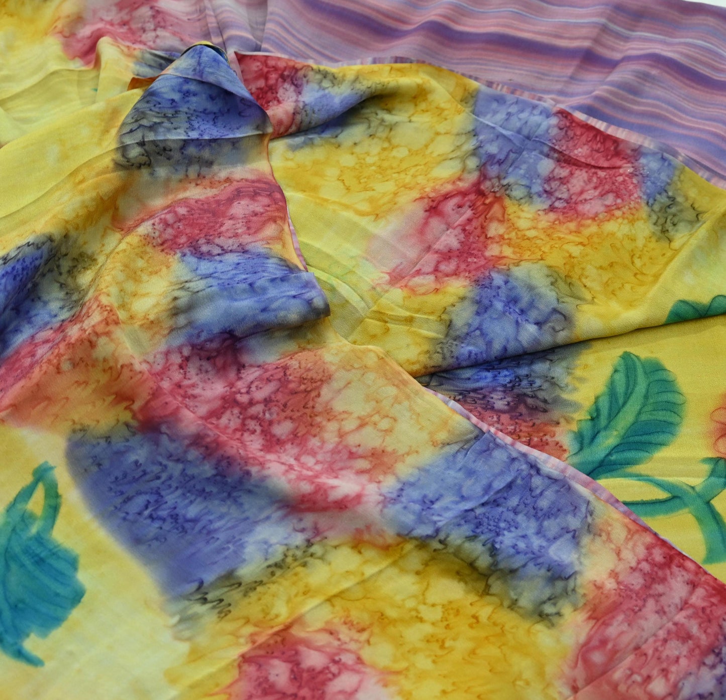 Indian Vintage Sari Yellow & Multi Pure Crepe Silk Block Printed Saree 5yd Sewing Floral Craft Fabric Wrap Dress making Crafting