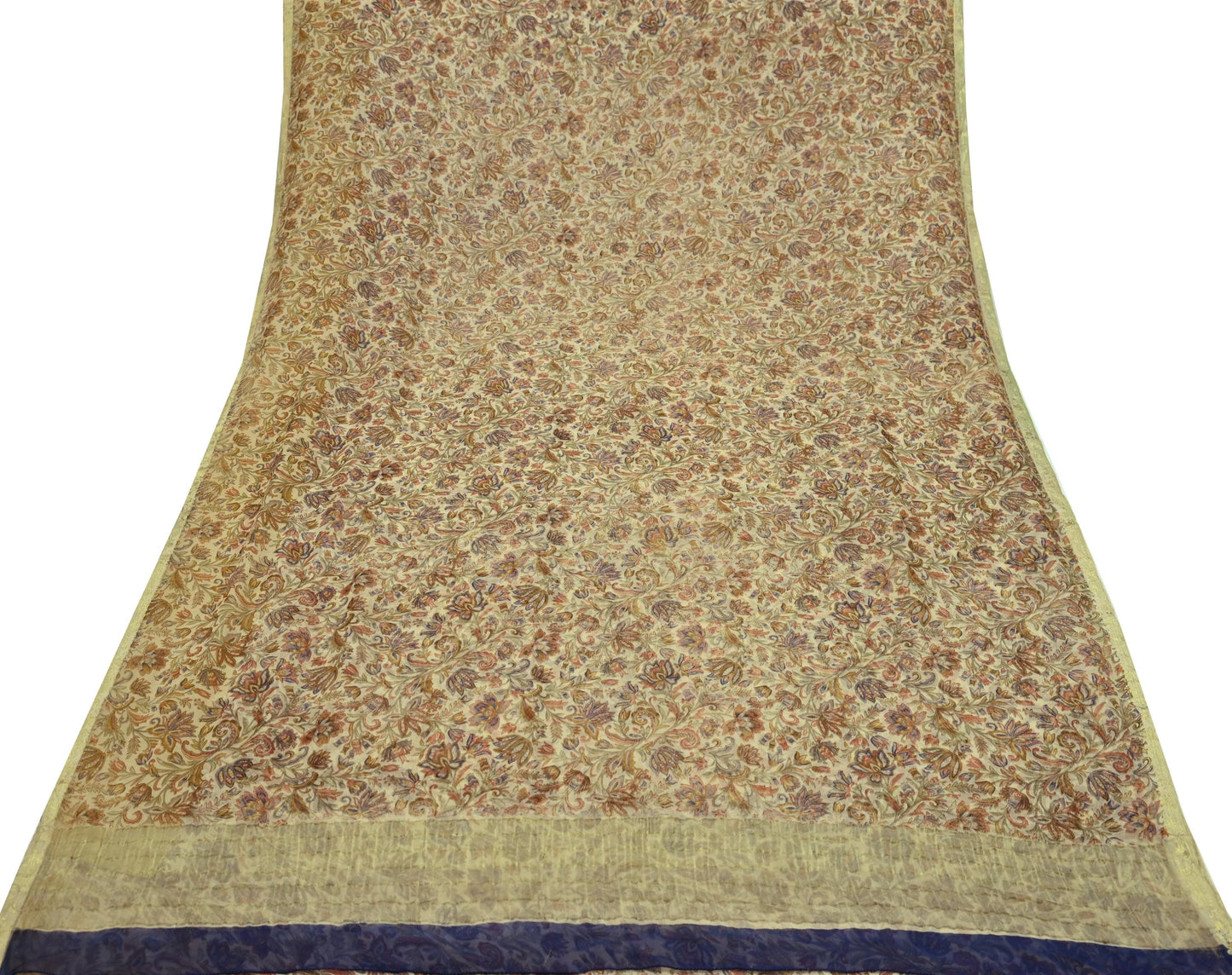 Indian Women Vintage Beige Saree Pure Chiffon Silk Printed Sari Craft Fabric Sewing 5Yd Soft Light Sari Dress Making Zari