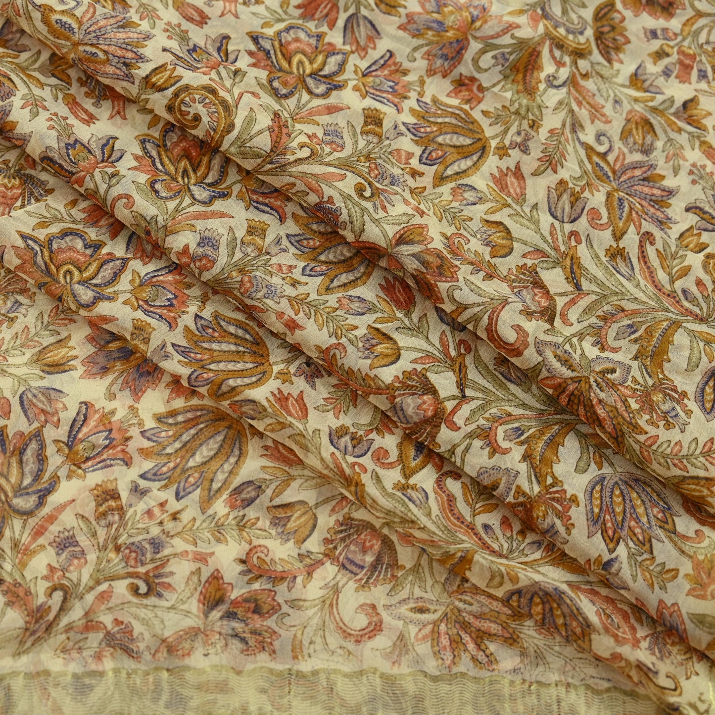 Indian Women Vintage Beige Saree Pure Chiffon Silk Printed Sari Craft Fabric Sewing 5Yd Soft Light Sari Dress Making Zari