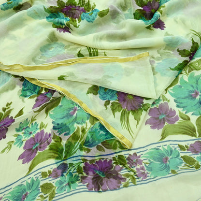 Indian Women Vintage Ivory Saree Blend Chiffon Printed Sari Sewing 5yd Soft Craft Fabric Floral Design Wrap Boho Zari