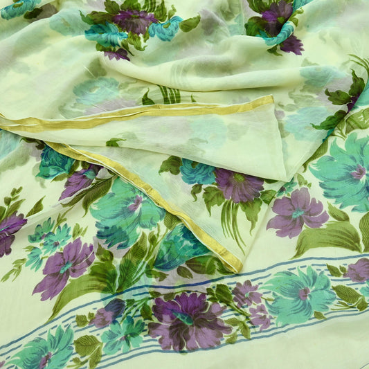 Indian Women Vintage Ivory Saree Blend Chiffon Printed Sari Sewing 5yd Soft Craft Fabric Floral Design Wrap Boho Zari