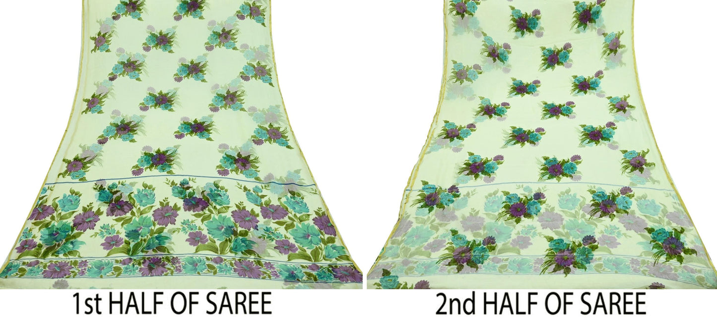 Indian Women Vintage Ivory Saree Blend Chiffon Printed Sari Sewing 5yd Soft Craft Fabric Floral Design Wrap Boho Zari