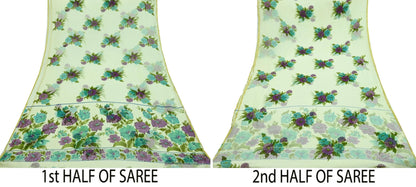 Indian Women Vintage Ivory Saree Blend Chiffon Printed Sari Sewing 5yd Soft Craft Fabric Floral Design Wrap Boho Zari