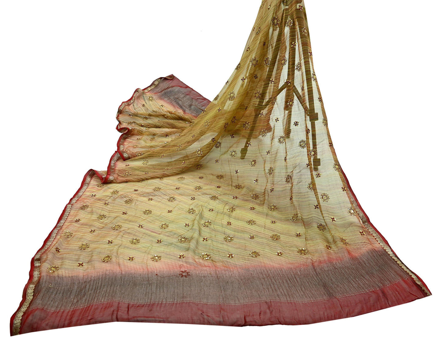 Indian Vintage Dupatta Green Pure Georgette Silk Long Stole Hand Embroidered Scarves Floral Design Stole Veil Wrap