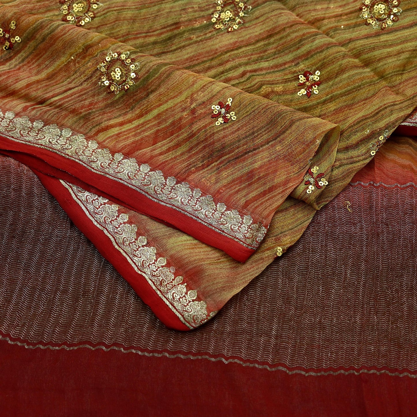 Indian Vintage Dupatta Green Pure Georgette Silk Long Stole Hand Embroidered Scarves Floral Design Stole Veil Wrap