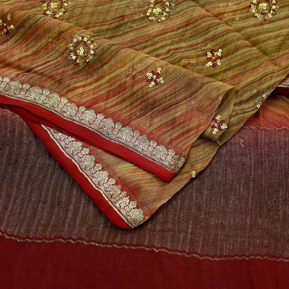 Indian Vintage Dupatta Green Pure Georgette Silk Long Stole Hand Embroidered Scarves Floral Design Stole Veil Wrap