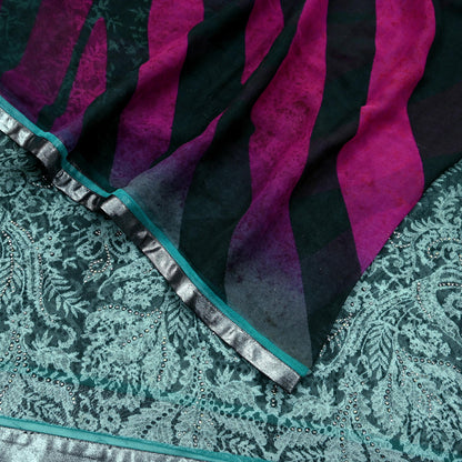 Indian Vintage Dupatta Green & Purple Long Stole Hand Embroidered Printed stole Pure Georgette Silk Indian Scarves Veil Wrap Soft