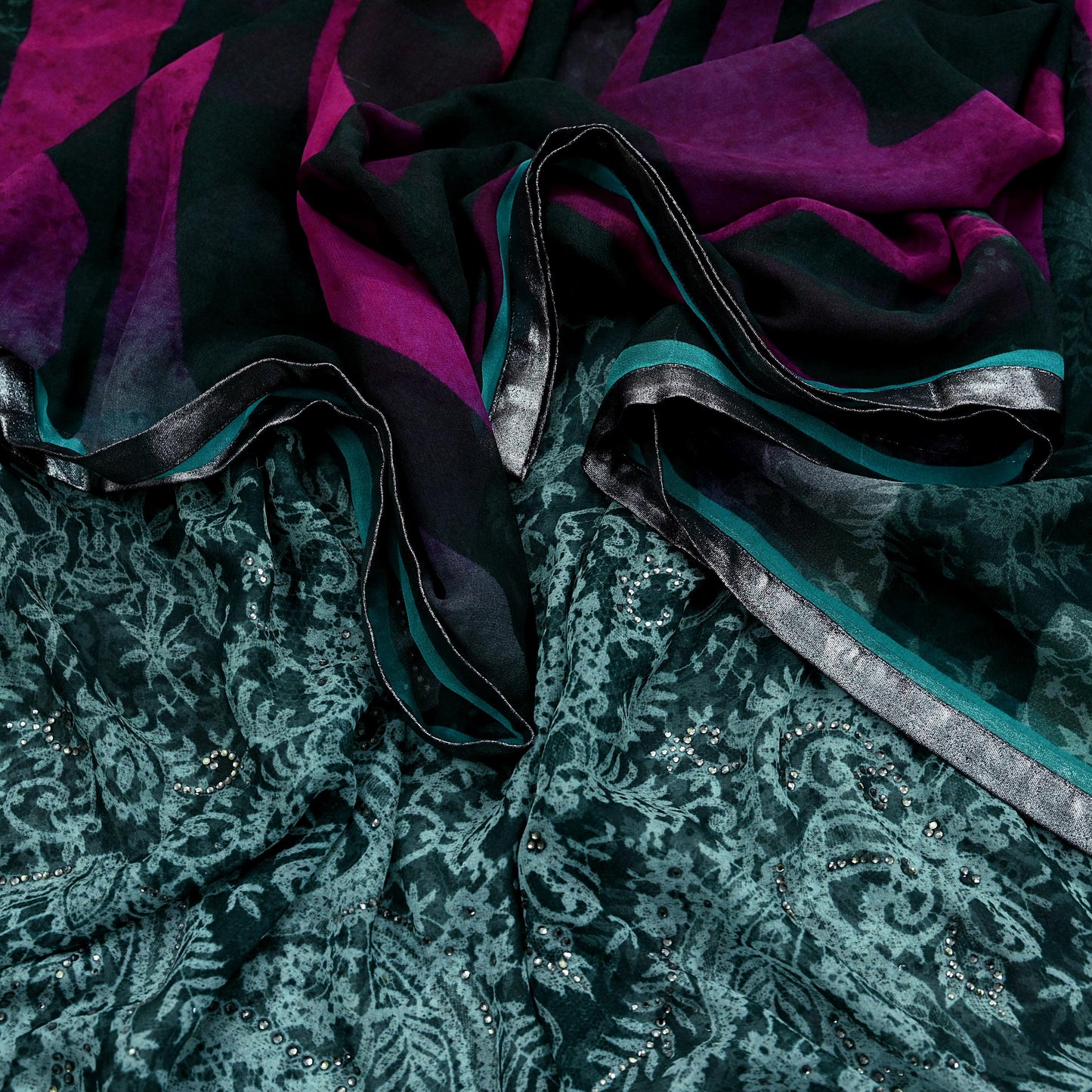 Indian Vintage Dupatta Green & Purple Long Stole Hand Embroidered Printed stole Pure Georgette Silk Indian Scarves Veil Wrap Soft