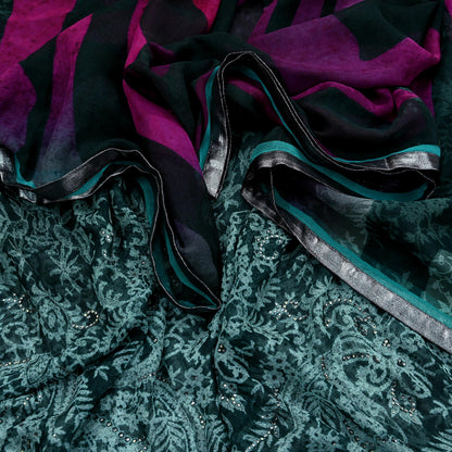 Indian Vintage Dupatta Green & Purple Long Stole Hand Embroidered Printed stole Pure Georgette Silk Indian Scarves Veil Wrap Soft