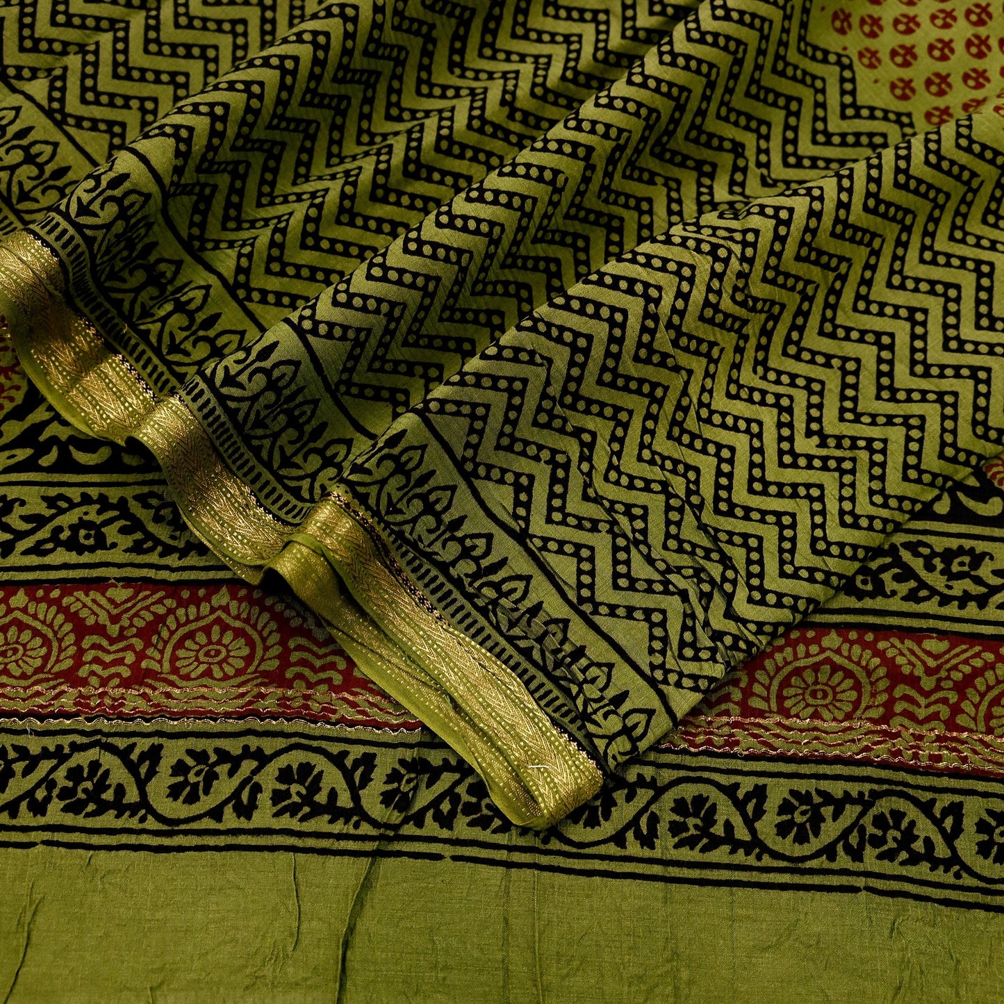 Indian Vintage Green Dupatta Long Stole Block Print Pure Chanderi Silk Scarves Veil Floral Design Upcycle Party wear hijab Zari Border