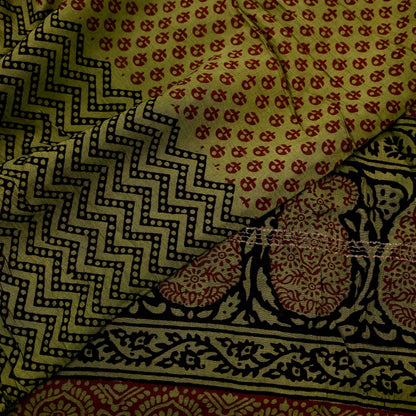 Indian Vintage Green Dupatta Long Stole Block Print Pure Chanderi Silk Scarves Veil Floral Design Upcycle Party wear hijab Zari Border
