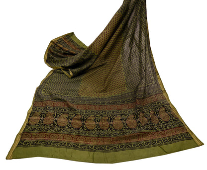 Indian Vintage Green Dupatta Long Stole Block Print Pure Chanderi Silk Scarves Veil Floral Design Upcycle Party wear hijab Zari Border