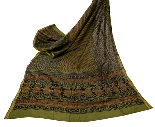 Indian Vintage Green Dupatta Long Stole Block Print Pure Chanderi Silk Scarves Veil Floral Design Upcycle Party wear hijab Zari Border