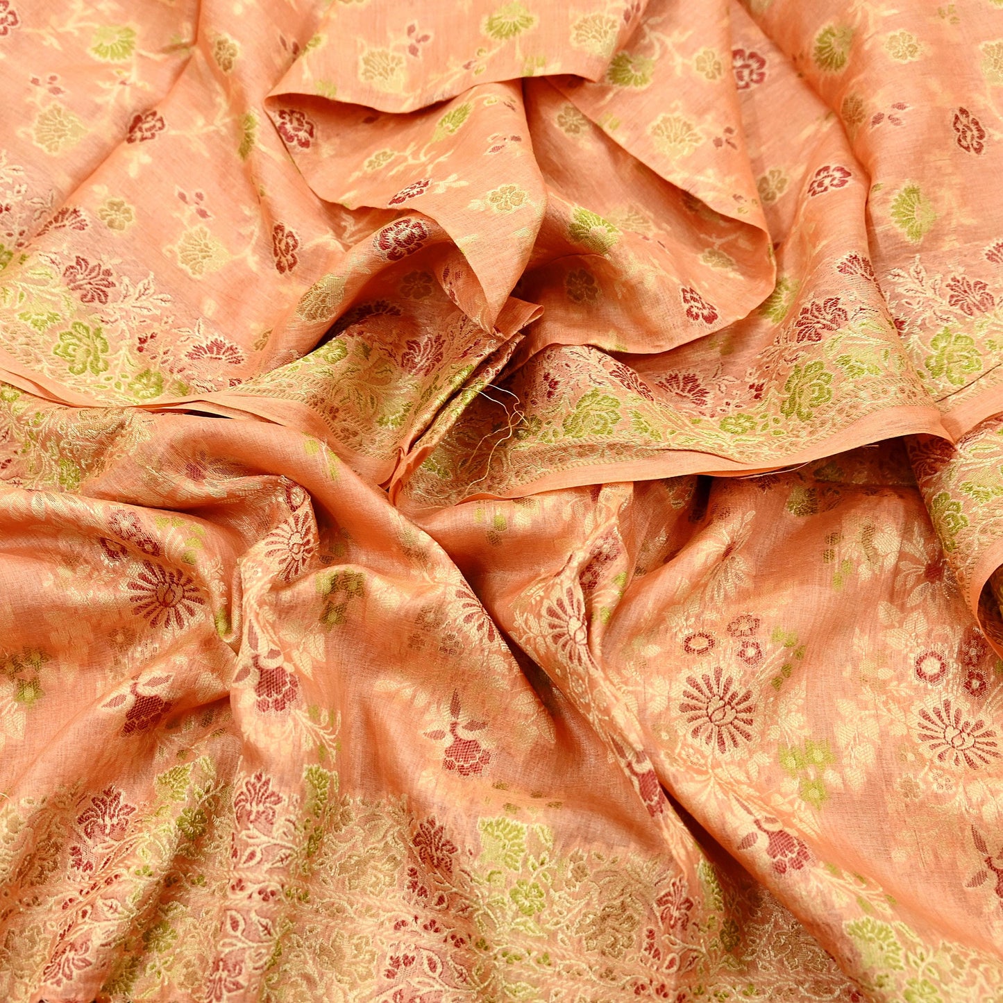 Indian Vintage Dupatta Peach Long Stole Pure Silk Hand Woven Scarves Veil Scarf Wrap Floral