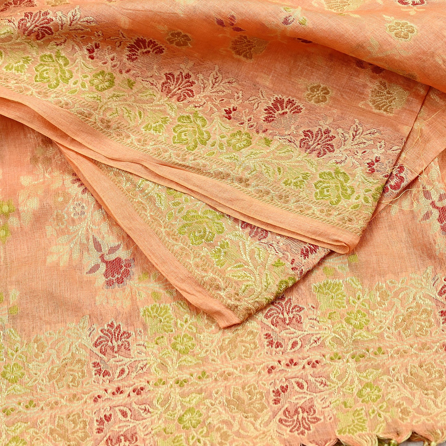 Indian Vintage Dupatta Peach Long Stole Pure Silk Hand Woven Scarves Veil Scarf Wrap Floral