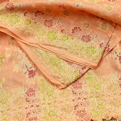 Indian Vintage Dupatta Peach Long Stole Pure Silk Hand Woven Scarves Veil Scarf Wrap Floral