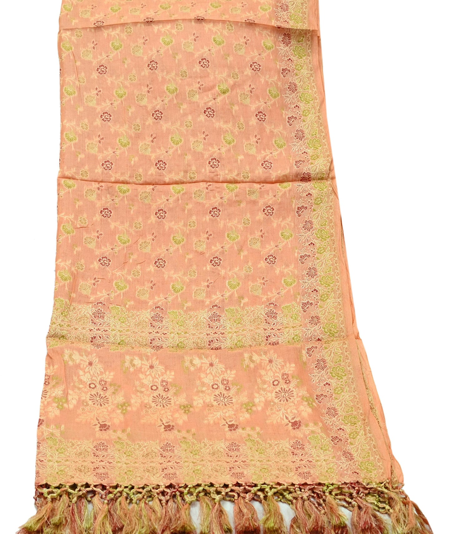 Indian Vintage Dupatta Peach Long Stole Pure Silk Hand Woven Scarves Veil Scarf Wrap Floral