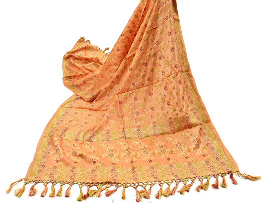 Indian Vintage Dupatta Peach Long Stole Pure Silk Hand Woven Scarves Veil Scarf Wrap Floral