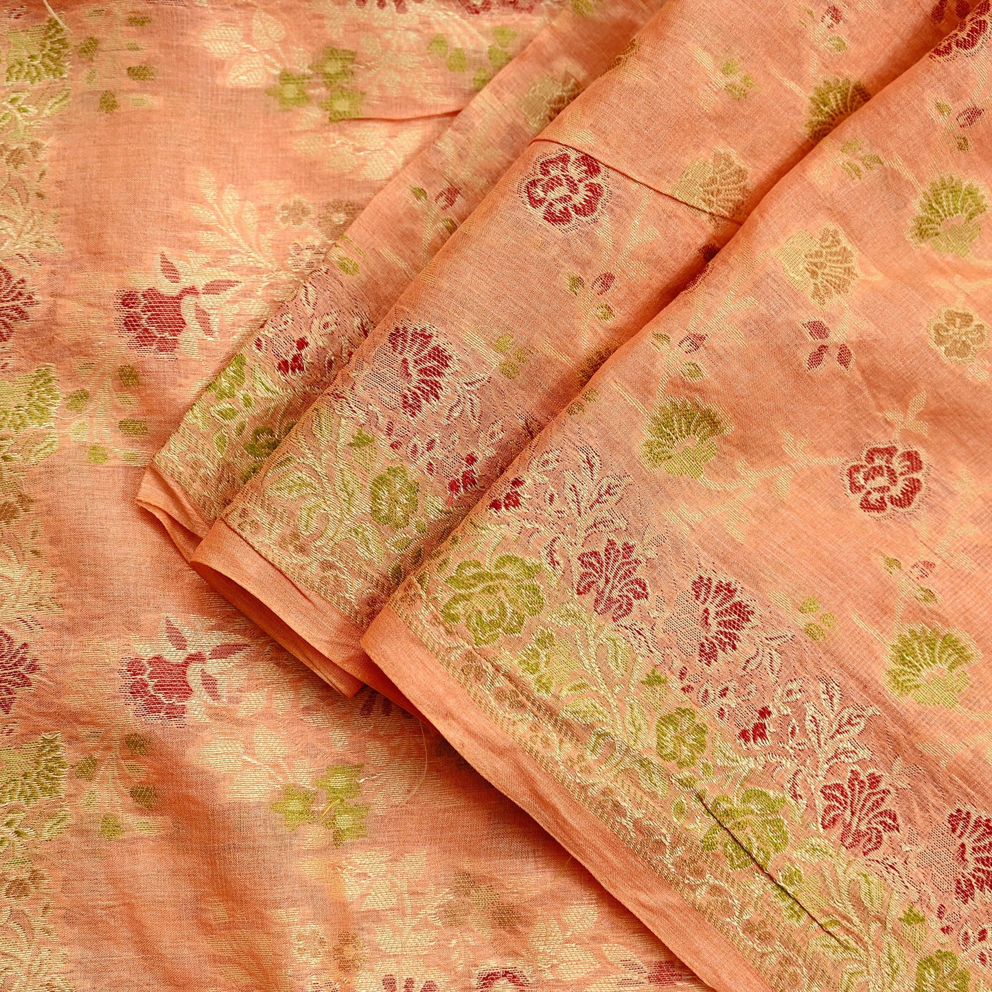 Indian Vintage Dupatta Peach Long Stole Pure Silk Hand Woven Scarves Veil Scarf Wrap Floral