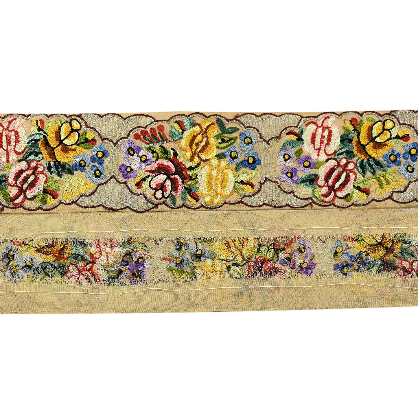 Indian Antique Vintage Real Parsi Gara Border Beige Hand Embroidered Craft Trim Lace Sewing Sarees Ribbon Recycled 8yard