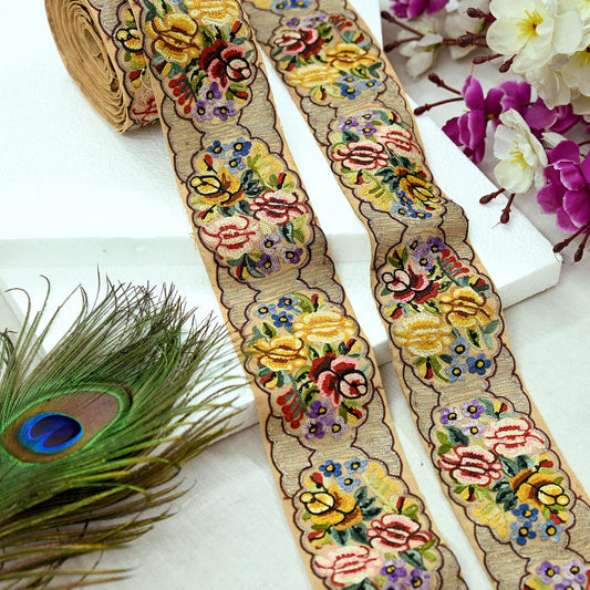 Indian Antique Vintage Real Parsi Gara Border Beige Hand Embroidered Craft Trim Lace Sewing Sarees Ribbon Recycled 8yard