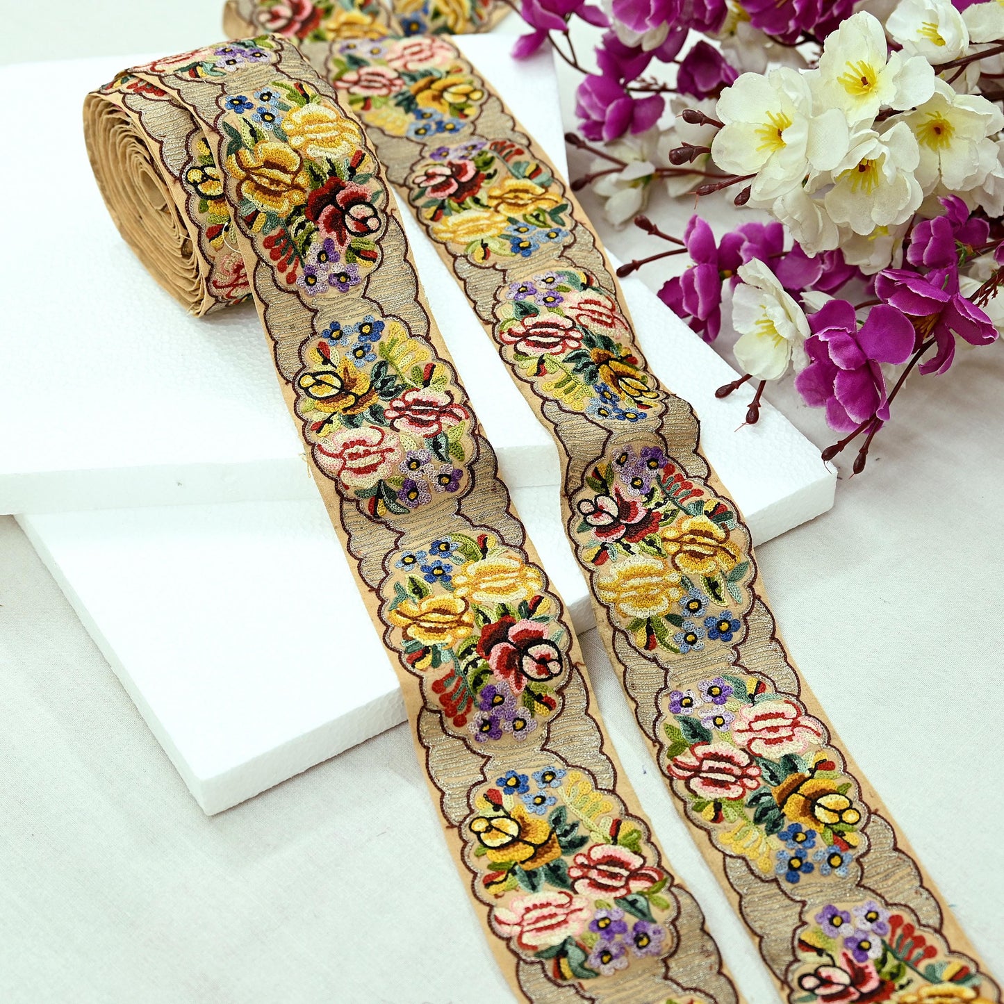 Indian Antique Vintage Real Parsi Gara Border Beige Hand Embroidered Craft Trim Lace Sewing Sarees Ribbon Recycled 8yard