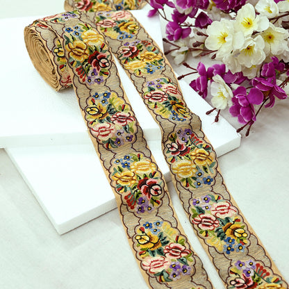 Indian Antique Vintage Real Parsi Gara Border Beige Hand Embroidered Craft Trim Lace Sewing Sarees Ribbon Recycled 8yard