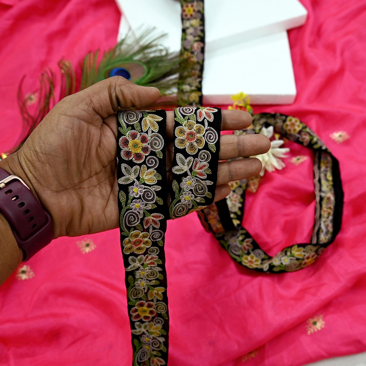 Indian Antique Vintage Real Parsi Gara Border Black Hand Embroidered Craft Trim Lace Sewing Sarees Ribbon Recycled 7yard