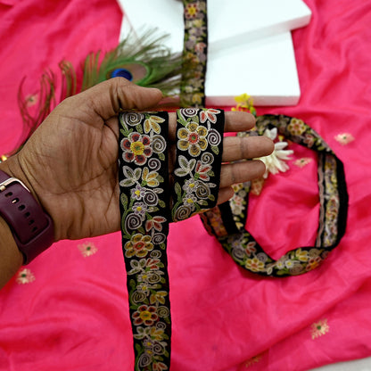 Indian Antique Vintage Real Parsi Gara Border Black Hand Embroidered Craft Trim Lace Sewing Sarees Ribbon Recycled 7yard