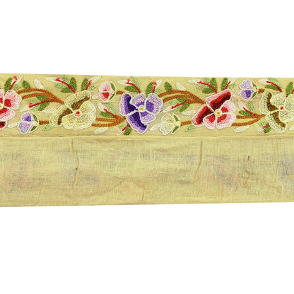 Indian Antique Vintage Real Chain Stitch Border Beige Hand Embroidered Craft Trim Lace Sewing Sarees Ribbon Recycled 1yard