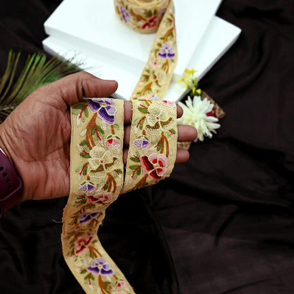 Indian Antique Vintage Real Chain Stitch Border Beige Hand Embroidered Craft Trim Lace Sewing Sarees Ribbon Recycled 1yard