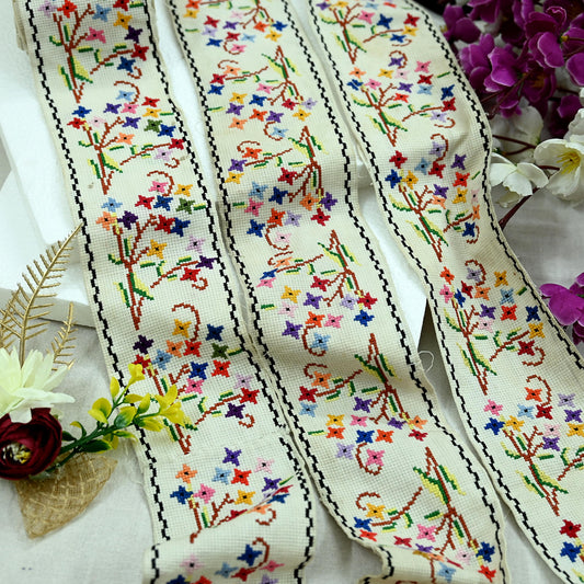 Indian Antique Vintage Hand Embroidered Cross Stitch Sari Border White Craft Trim Lace Sewing Sarees Ribbon Recycled 7yard Pure Cotton