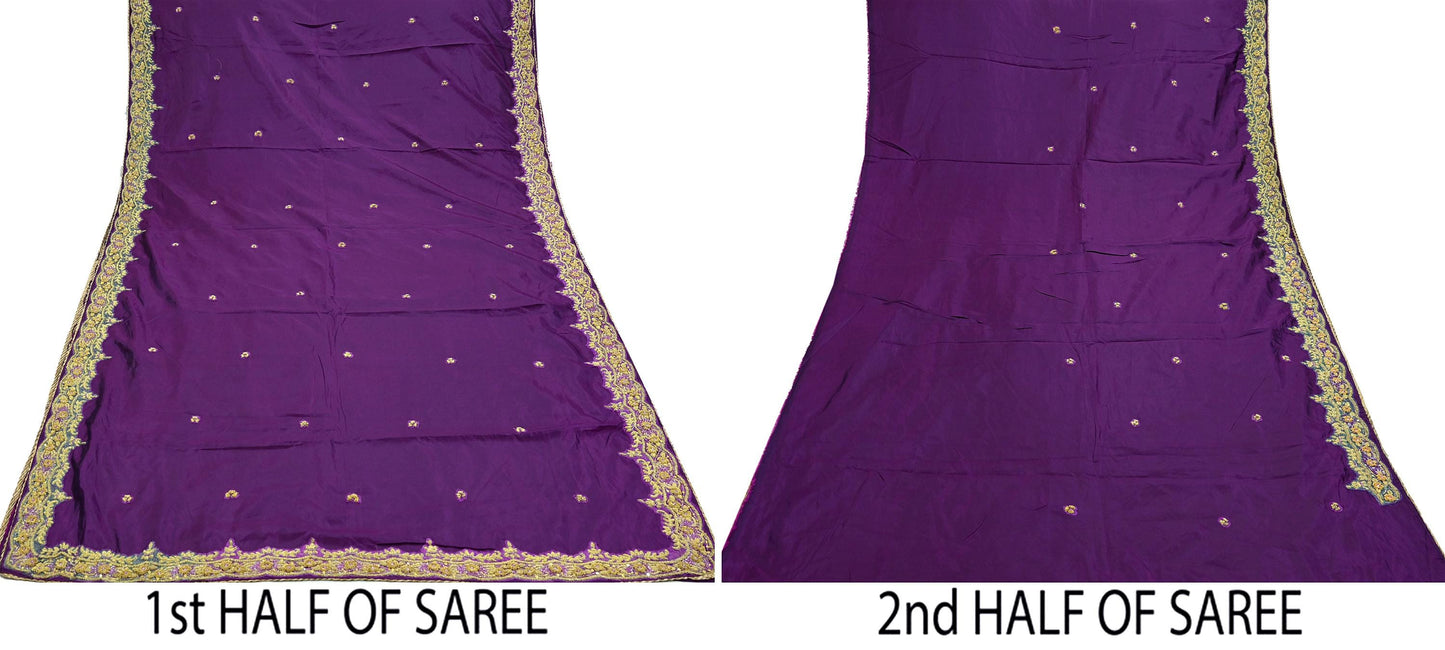Indian Vintage Heavy Sarees Purple Pure Silk Hand Embroidered Sari Fabric 5Yd Sewing Ethnic Zardozi/dabka zari Wedding sarees