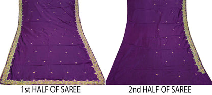 Indian Vintage Heavy Sarees Purple Pure Silk Hand Embroidered Sari Fabric 5Yd Sewing Ethnic Zardozi/dabka zari Wedding sarees