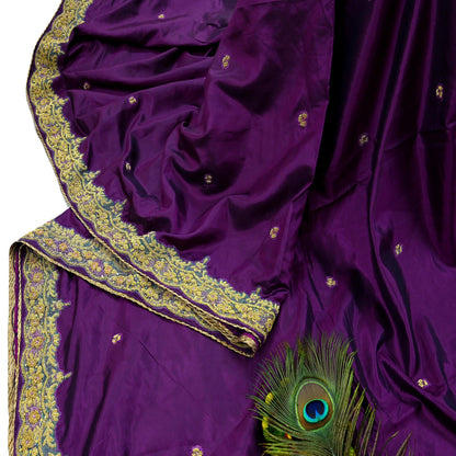 Indian Vintage Heavy Sarees Purple Pure Silk Hand Embroidered Sari Fabric 5Yd Sewing Ethnic Zardozi/dabka zari Wedding sarees