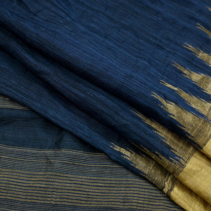 Indian Vintage Deep Blue Saree Pure Khadi Silk Handloom Woven Zari Sari Craft Fabric 5yd Ethnic Wear Border Dress making Upcycle Fringes