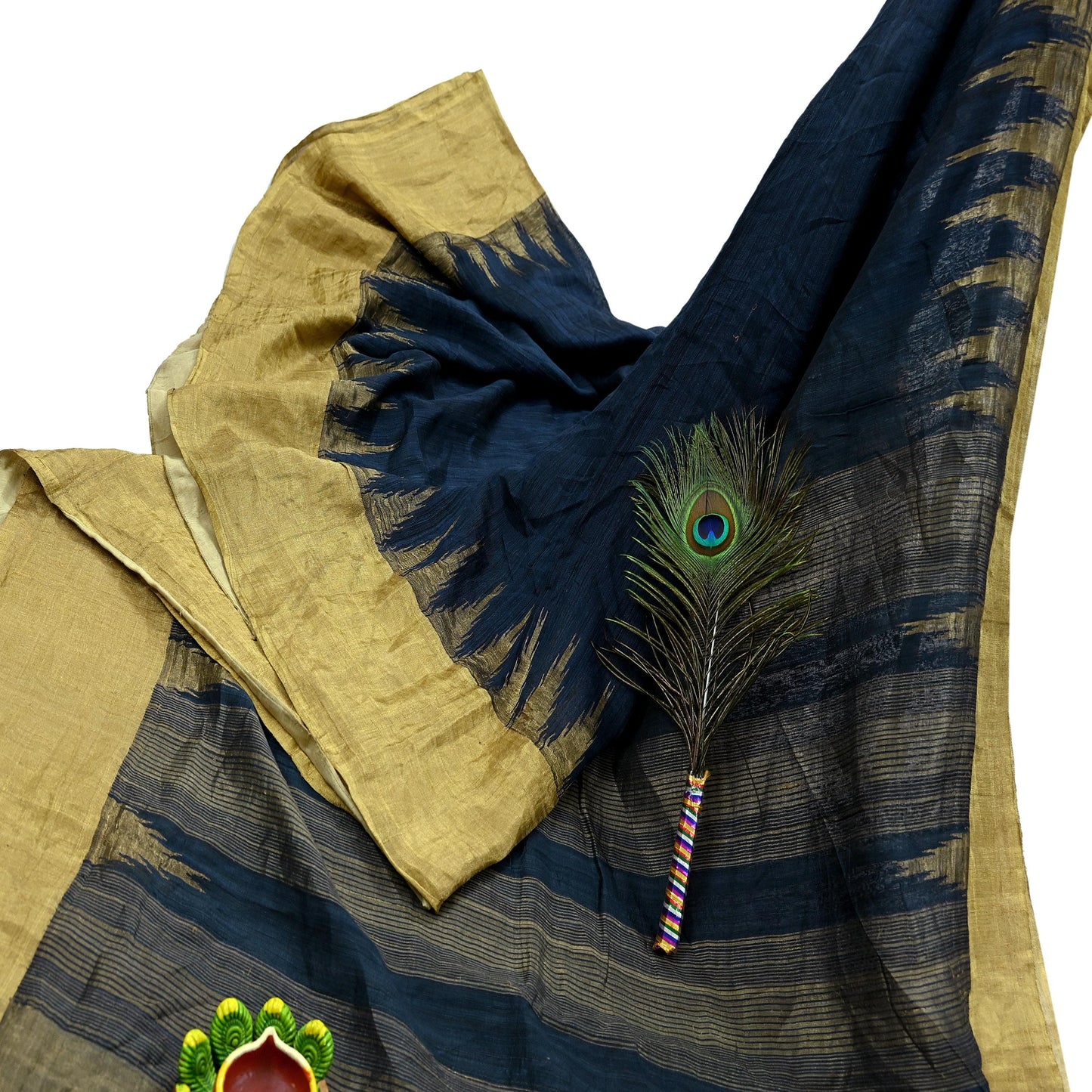 Indian Vintage Deep Blue Saree Pure Khadi Silk Handloom Woven Zari Sari Craft Fabric 5yd Ethnic Wear Border Dress making Upcycle Fringes