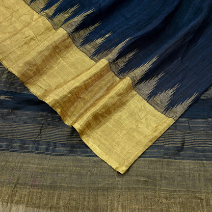Indian Vintage Deep Blue Saree Pure Khadi Silk Handloom Woven Zari Sari Craft Fabric 5yd Ethnic Wear Border Dress making Upcycle Fringes