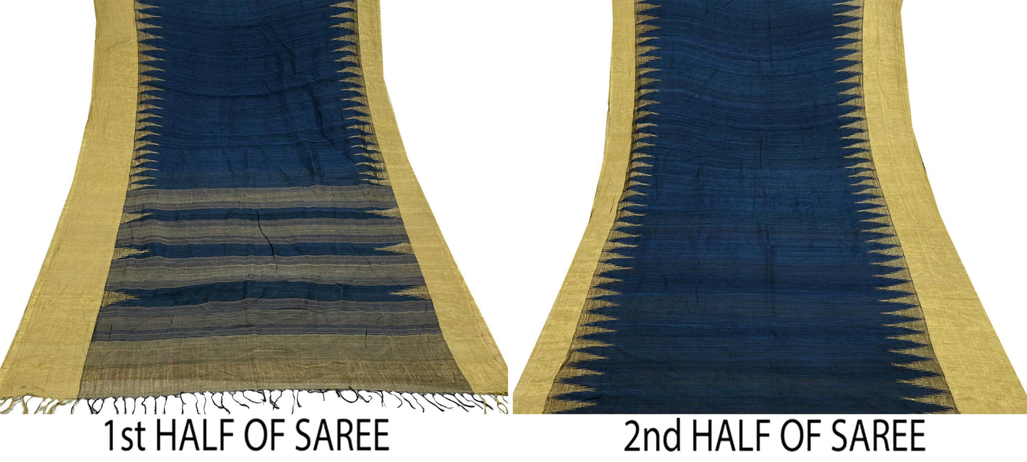 Indian Vintage Deep Blue Saree Pure Khadi Silk Handloom Woven Zari Sari Craft Fabric 5yd Ethnic Wear Border Dress making Upcycle Fringes