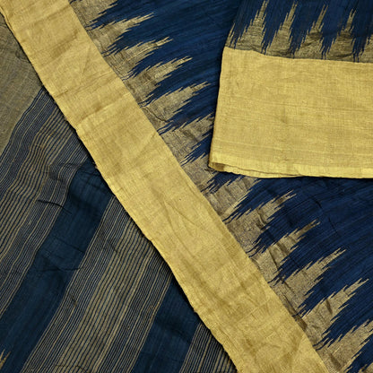 Indian Vintage Deep Blue Saree Pure Khadi Silk Handloom Woven Zari Sari Craft Fabric 5yd Ethnic Wear Border Dress making Upcycle Fringes