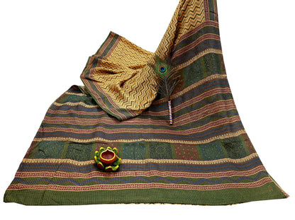 Indian Vintage Heavy Sari Beige & Green Pure Khadi Silk Handloom Saree Craft Fabric 5yd Ethnic Wear Dress making For Crafting Quilting