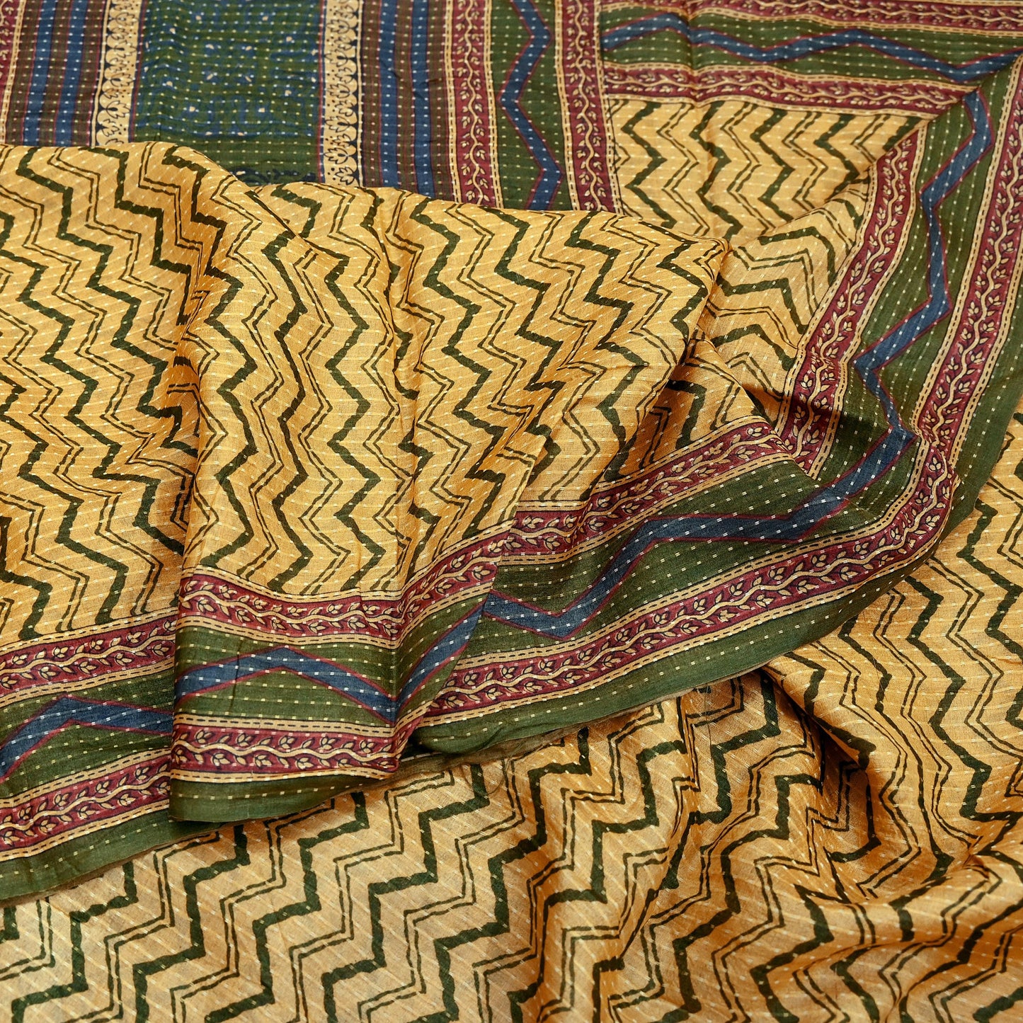 Indian Vintage Heavy Sari Beige & Green Pure Khadi Silk Handloom Saree Craft Fabric 5yd Ethnic Wear Dress making For Crafting Quilting