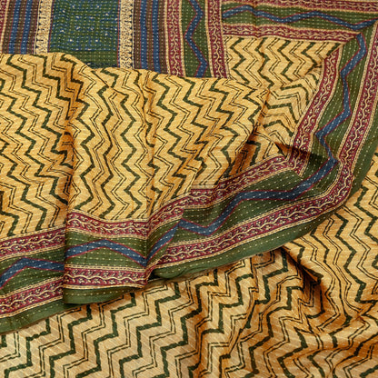 Indian Vintage Heavy Sari Beige & Green Pure Khadi Silk Handloom Saree Craft Fabric 5yd Ethnic Wear Dress making For Crafting Quilting