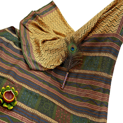 Indian Vintage Heavy Sari Beige & Green Pure Khadi Silk Handloom Saree Craft Fabric 5yd Ethnic Wear Dress making For Crafting Quilting