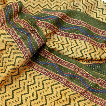 Indian Vintage Heavy Sari Beige & Green Pure Khadi Silk Handloom Saree Craft Fabric 5yd Ethnic Wear Dress making For Crafting Quilting